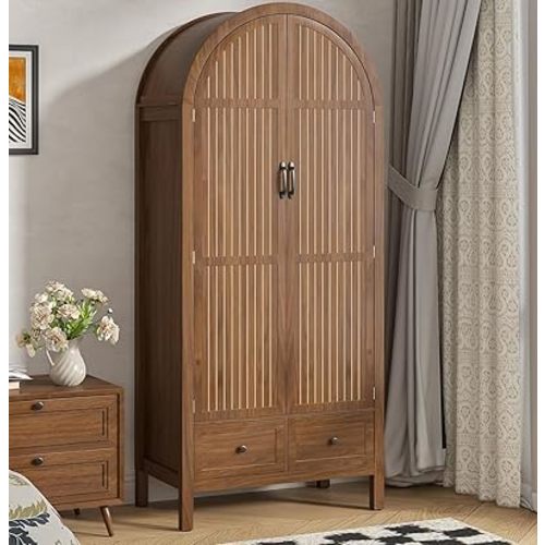 Wardrobe Closet, Modern Armoire Wardrobe Closet with Drawers and 2 Arched Fluted Doors, 70.87‘’ Tall Wooden Bedroom Armoires with Shelves and Hanging Rod (1, Walnut,17.71''D)