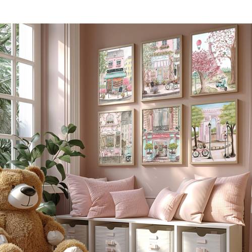 Paris Wall Decor Personalized Art For Girls Room, Set Of 6 Prints, Blush Pink Shabby Chic Travel Watercolors, French Theme Nursery, Laduree