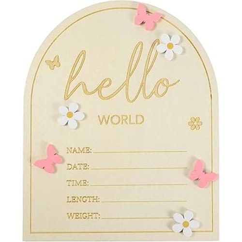 Cartel de Hello World para recién nacido, letrero de anuncio de nacimiento de madera, mariposa rosa, letrero de estadísticas de nacimiento de hospital, decoración de guardería para recién nacidos