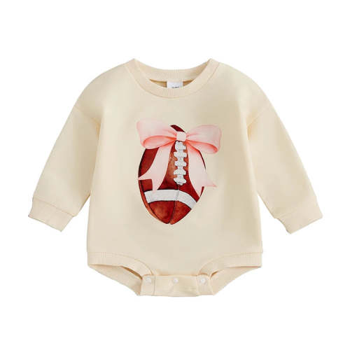 Baby Girls Bubble Romper Long Sleeve Crew Neck Bow Football Print Fall – August + Willow
