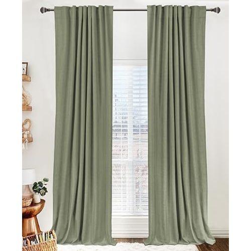 100% Blackout Shield Linen Blackout Curtains for Bedroom 84 Inches Long, Back Tab/Rod Pocket Living Room Drapes, Thermal Insulated Blackout Curtains 2 Panels Set, 50" W x 84" L, Light Sage