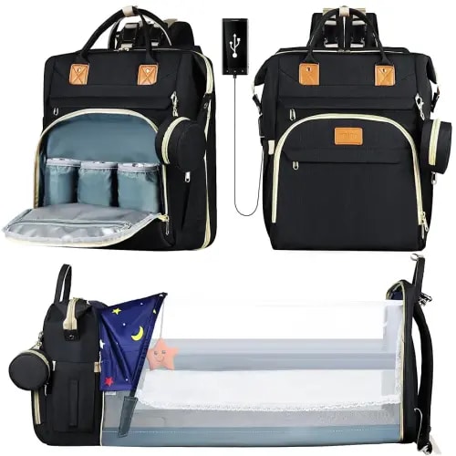 Diaper Bag Backpack for Mom and Dad, Large Capacity Baby Travel Bag with USB Charging Port, Waterproof Foldable Baby Bag for Boys and Girls, Stylish Maternity Backpack for Travel & Hospital，Black