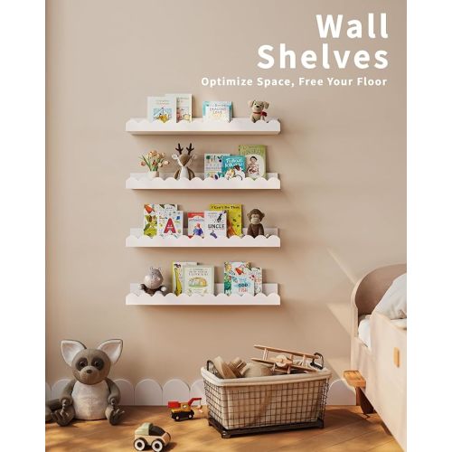 Nursery Book Shelves, 4-Pack White Floating Shelves for Wall Kids, Scalloped Shelves, Wall Book Shelves for Bedroom Kids, Toddler Room, Baby Room, Nursery Decor