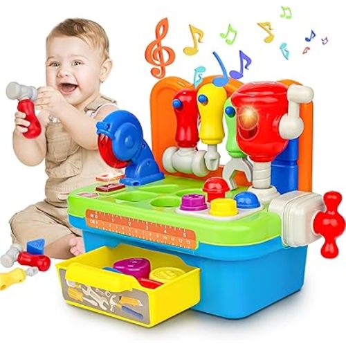Cinne Toddler Tool Set Age 1-2, Toys for 1 Year Old Boy Gifts, Baby Workbench with Light & Sound, Baby Tool Set with Shape Sorter