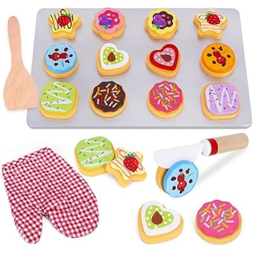 Slice and Bake Wooden Cookie Play Food Set for Kids Kitchen - Toy Food Accessories - Kids Pretend Cookies and Baking Sheet, Toy Baking Set for 3+ Year Old Boys Girls Birthday Gifts