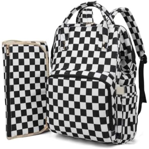 Baby Diaper Bag Backpack for Mom, Large Capacity Baby Essentials Travel Tote, Multifunction Baby Bag with Changing Pad, Stroller Straps, Pacifier Case, Baby Shower Gifts, Corduroy Checkered Black