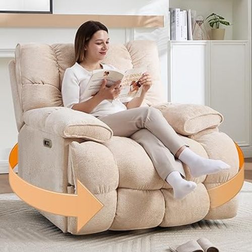 Oversized Power Swivel Rocker Recliner Chair for Big and Tall, Electric Chenille Glider with USB Ports, Extra Wide Overstuffed Reclining Sofa for Living Room Nursery, 375lbs (Beige, Power)