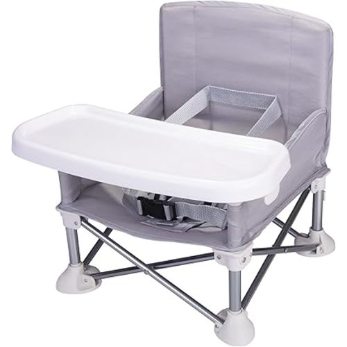 Toddler Travel Booster Seat, Compact Folding Eating Camping Beach Lawn Chair with Removable Tray Indoor Outdoor (Gray-B)