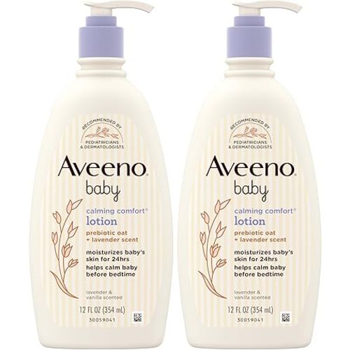 Aveeno Baby Calming Comfort Moisturizing Body Lotion with Relaxing Lavender & Vanilla Scents, Non-Greasy Baby Lotion, Nourishing Prebiotic Oatmeal, & No added parabens 12 fl. oz (Pack of 2)