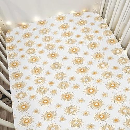 Yellow Sun Baby Crib Sheets for Boy Girl 52"x28" Golden Sunshine Soft Stretchy Fitted Crib Mattress Cover Tribal Sun Totem Baby Sheet for Standard Crib and Toddler Bed Mattresses