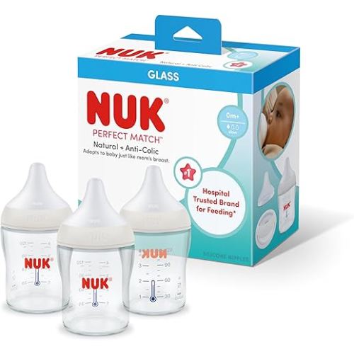 NUK Perfect Match Glass Natural + Anti-Colic Bottle, 4 oz. Glass Baby Bottles with SafeTemp Temperature Indicator, Newborn Essentials, 3-Pack