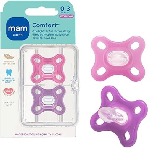 MAM Comfort Baby Pacifiers, Lightweight One-Piece Full Silicone Binky for Newborns 0-3 Months, BPA-Free Nipple, Easy to Clean Pacifier, Best for Breastfed Babies, with Sterilizer Case, 2 Count Binkies