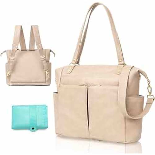 MOMINSIDE Diaper Bag Tote, Leather Diaper Bag Backpack with 14 Pockets, Convertible Baby Bag for Boys Girls, Baby Registry, Changing Pad, Large 4 Insulated Pockets (Ivory)