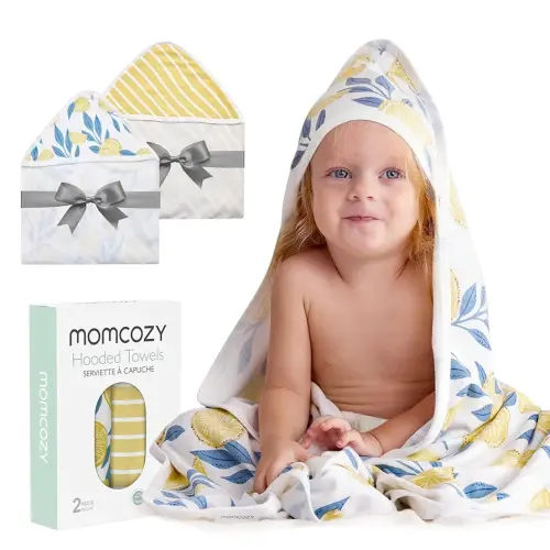 Momcozy Hooded Baby Towel, 2 Pack Baby Bath Towel Set with Large 35 X 35 Inch, Super Soft Cotton and Hooded Towel for Newborn, Toddler and Kid, Lemon Leaves