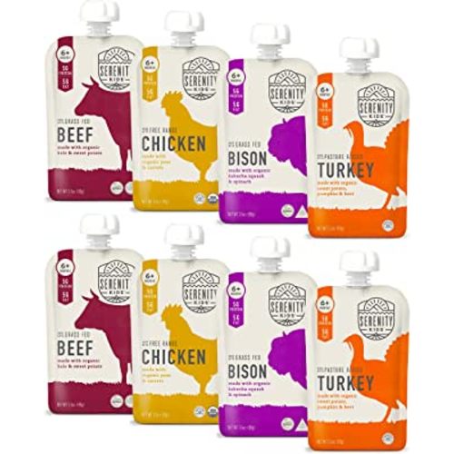 Serenity Kids 6+ Months Baby Food Pouches Puree Made With Ethically Sourced Meats & Organic Veggies | 3.5 Ounce BPA-Free Pouch | Variety Pack | 8 Count