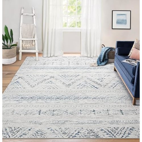 Area Rug Living Room Carpet: 8x10 Large Moroccan Soft Fluffy Geometric Washable Bedroom Rugs Dining Room Home Office Nursery Low Pile Decor Under Kitchen Table Blue/Ivory