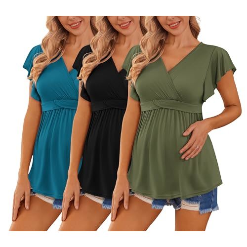 Ekouaer Maternity Shirts 3 Packs Flying Short Sleeve Nursing Tops Pregnancy Clothes