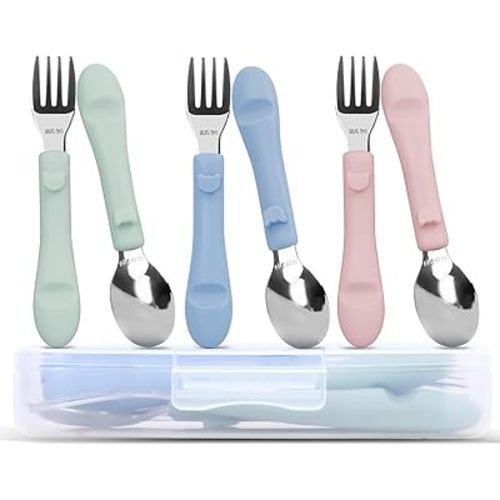 Bakpoco 6PCS Toddler Utensils, 316 Stainless Steel Baby Safe Forks + Spoons with Silicone Handle, BPA Free Dishwasher Safe Kids Silverware Cutlery with Box, Sage/Blue/Blush