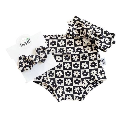 Black and Ivory Checkered Florals Bummies and/or Top Knot Headband Set Baby Cute Outfit Diaper Cover Waisted Shorts Minimal Abstract Print