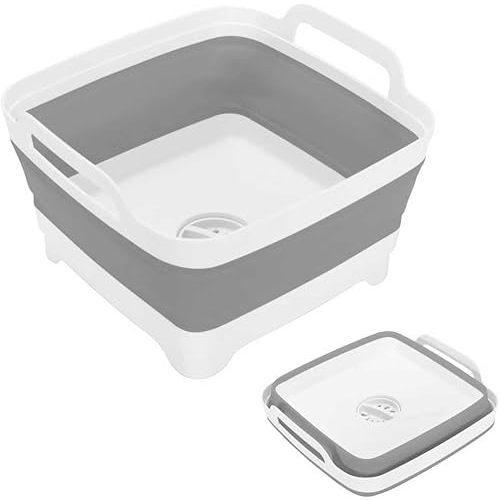 Collapsible Dish Basin, 2.4 Gallon Foldable Kitchen Sink with Drain Plug for Space-Saving Dish Washing, Vegetable & Baby Bottle Cleaning