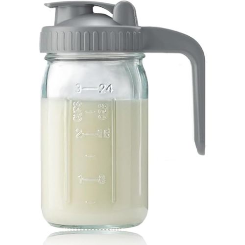 Breast Milk Pitcher Jug Glass Mason Jar Airtight Pitcher with Pour Spout Handle for Breastmilk, Iced Tea, Ice Drinks Storage Container (Gray, 32oz)