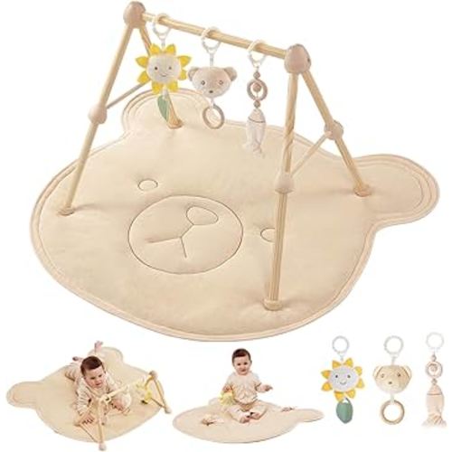 Wooden Organic Baby Gym Cotton Play Mat, 4-in-1 Super Soft Infant Activity Tummy Time Playmat for 0 to 3 6 9 12 36 Months Babies, Removable Toys for Sensory & Motor Skill Development, Bear
