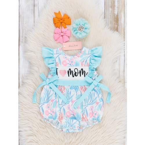 Aqua "I Love Mom" Smocked Bubble