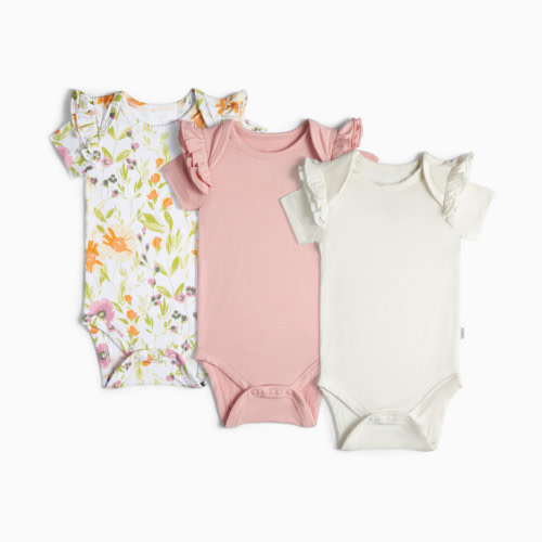 Tiny Kind Bamboo Viscose Ruffle Bodysuit (3 Pack) - Wild Flower, Pink, Ivory, 3-6