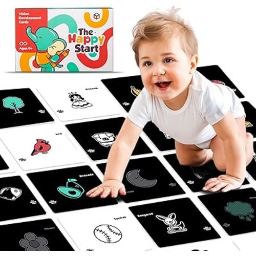 Happy Start High Contrast Baby Cards for Newborns - Black & White Cards, Water-Resistant, BPA-Free, Portable Educational Flashcards for Visual Stimulation, Award-Winning, Ages 0+ (English)