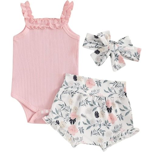 CIYCUIT Newborn Baby Girl Summer Clothes Ruffle Sleeveless Ribbed Top Bloomers Shorts Set