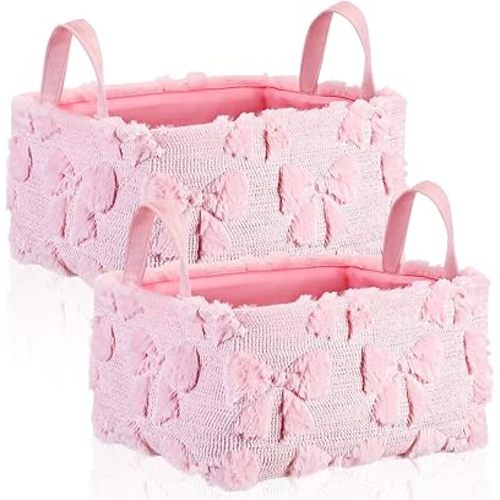 Yiyiring 2 Pcs Pink Bow Storage Baskets14x10 Inch Valentines Laundry Baskets Foldable Fluffy Storage Bin with Handle Spring Coquette Home Decor Closet Organizer Hamper for Countertop Tabletop Car