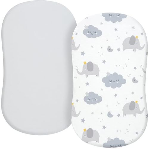 TILLYOU Baby Bassinet Sheets for Girls Boys, Fit for Hourglass Oval Rectangle Bassinet Mattress Sheets, 33”X16”, 2 Pack Elephant & Cloud Gray