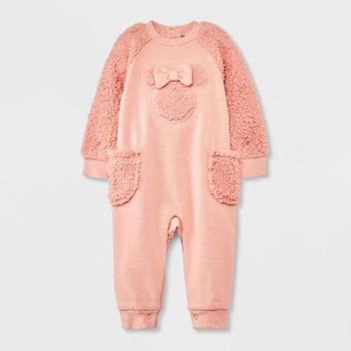 Baby Girls' Minnie Mouse Faux Shearling Romper - Pink 6-9m