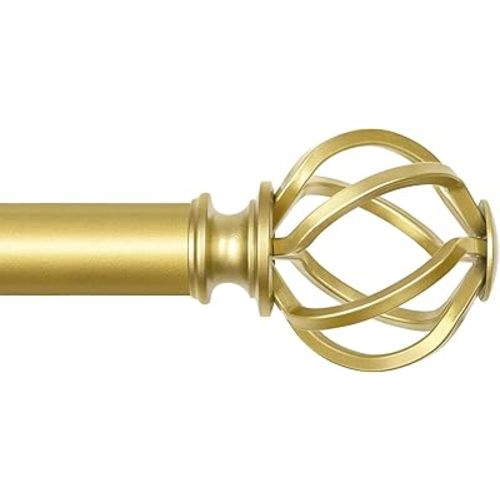 KAMANINA Gold Curtain Rods for Windows 48 to 84 inch, 1 inch Adjustable Decorative Curtain Rod 32 to 86 inch (2.6-7.1ft), Single Drapery Rod with Twisted Cage Ends