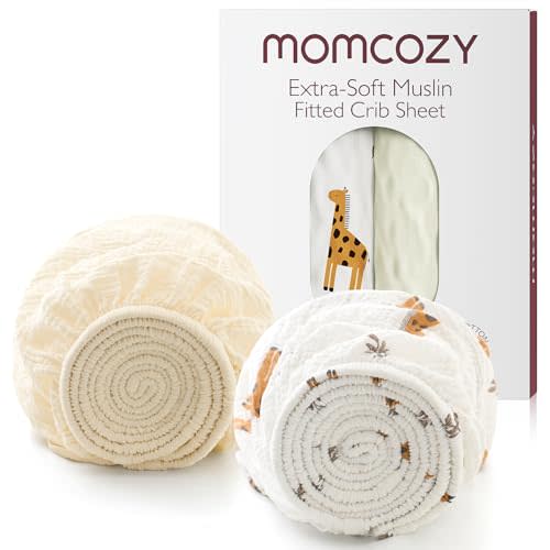 Momcozy Best Wishes Muslin Fitted Mini Crib Sheets, 38''x26'', 2 Pack Soft Breathable Natural Cotton Baby Mattress Sheet, 360° Mattress Wrapping Boys Girls Neutral Toddler Bed Sheet, Bravery Giraffe