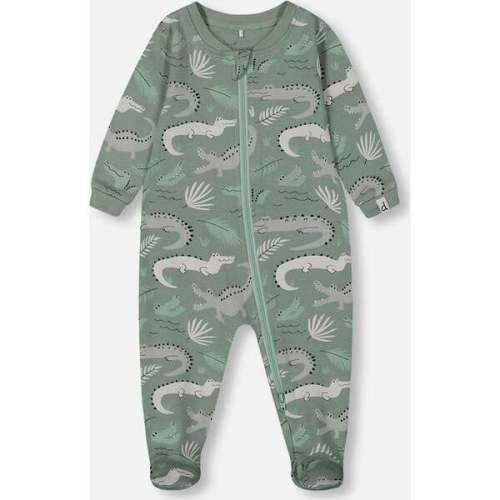 Organic Cotton One-Piece Pajama, Light Sage And Gray Crocodile - Deux par Deux | Maisonette