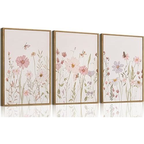 Wodkwq 3 Piece Wildflower Canvas Wall Art Framed,Pink Watercolor Flower Wall Decor,Vintage Floral Pictures,Botanical Nursery Prints For Bedroom,Living Room 12x16in