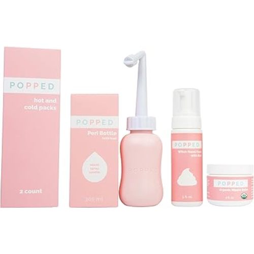 Popped New Mom Care Bundle & Baby Shower Gift Set - Peri Bottle, Witch Hazel Foam, Organic Nipple Balm, Hot/Cold Packs (2 Count) | Postpartum Essentials Bundle