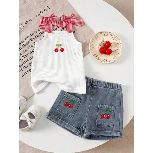 SHEIN Vintaside Kids 2 Pieces Baby Girl Set Cute And Fashionable Cherry Halter Top And Denim Shorts Set, Suitable For Spring And Summer | SHEIN USA