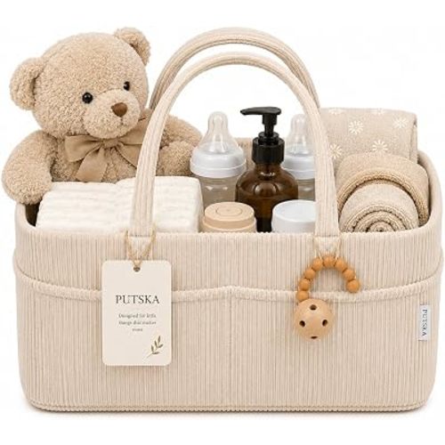 PUTSKA Baby Diaper Caddy Organizer for Changing Table – Stylish Nursery Storage Basket, Newborn Essentials, Baby Shower Gifts and Registry Must-Haves for Boy or Girl, Car Diaper Caddy, Corduroy Cream