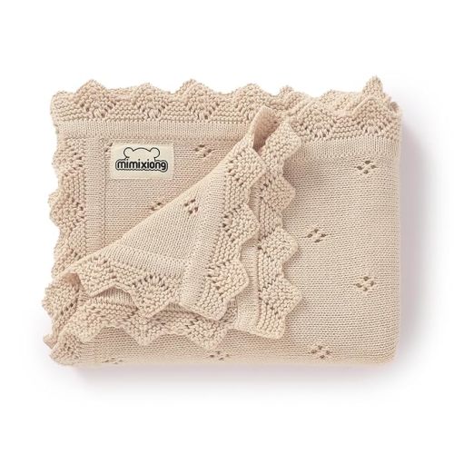 mimixiong Cotton Baby Blanket Knitted Crochet Receiving Crib Nursery Swaddling Blankets for Newborn Baby Boy Girl 30x40 Inch (Oatmeal)