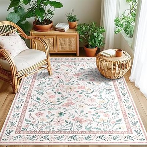 SHACOS 4x6 Boho Area Rugs for Living Room, Machine Washable Floral Carpet for Bedroom Non Slip Soft Nursery Rugs for Kids Room Dining Room Entryway Indoor, Pink
