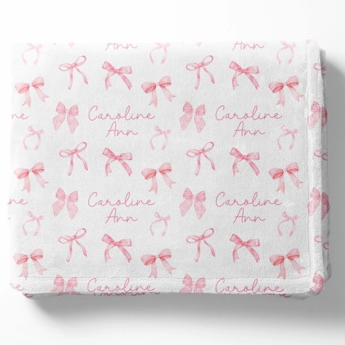 Baby Girl Bow Name Blanket -Swaddle Blanket - Pink Bow Nursery