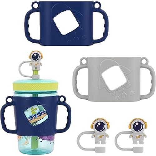 Set of 2 Silicone Bottle Handles and Straw Cover, Compatible with Zak Cups 15oz Toddler (Blue+Grey)