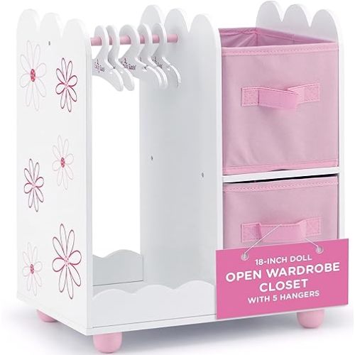 Emily Rose 18 Inch Doll Clothes Storage Open Closet Bedroom Furniture Accessory - Wooden Doll Accessories Playset with 5 18" Doll Clothing Hangers & 2 Large Storage Bins - Floral | USA Company |