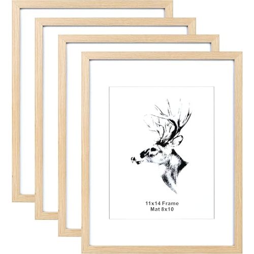 Yaetm 11x14 Picture Frame with Mat for 8x10 Set of 4, Solid Oak Wood Photo Frames with Tempered Glass, 11 x 14 Frames for Horizontal and Vertical Wall Mounting (4 pack, Oak)