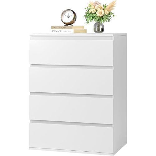 FOTOSOK 4 Drawer Dresser, White Dresser Modern Storage Chest of Drawers 23.6L x 15.7W x 31.5H in, White Storage Cabinet with 4 Drawers for Home Office