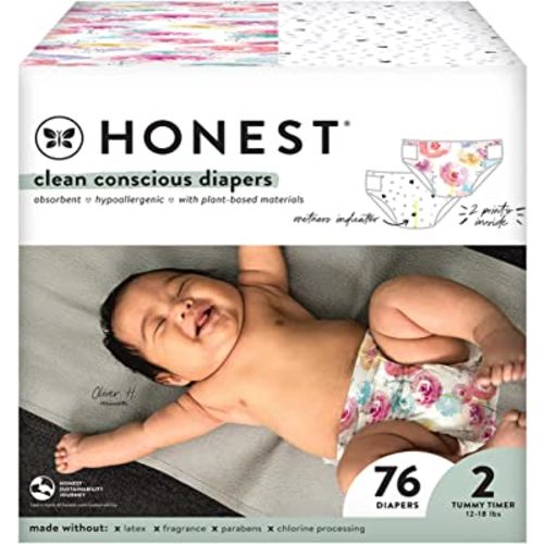 The Honest Company Clean Conscious Diapers | Plant-Based, Sustainable | Young At Heart + Rose Blossom | Club Box, Size 2 (12-18 lbs), 76 Count