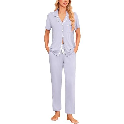 Samring Women Pajamas Sets 2 Piece Short Sleeve Soft Sleepwear Pjs Lounge Set Button Down Nightwear with Long Pants