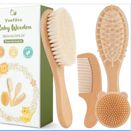 Yoofoss 4 Piece Baby Brush and Comb Set, Wooden Baby Brush with Natural Ultra Soft Goat Hair, Baby Hair Brush for Newborn, Baby Brush Set for Boy Girl
